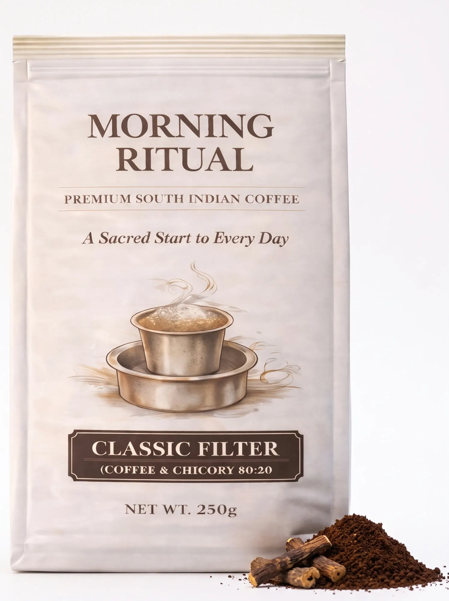 A 250g Morning Ritual Classic Filter bag standing upright against white