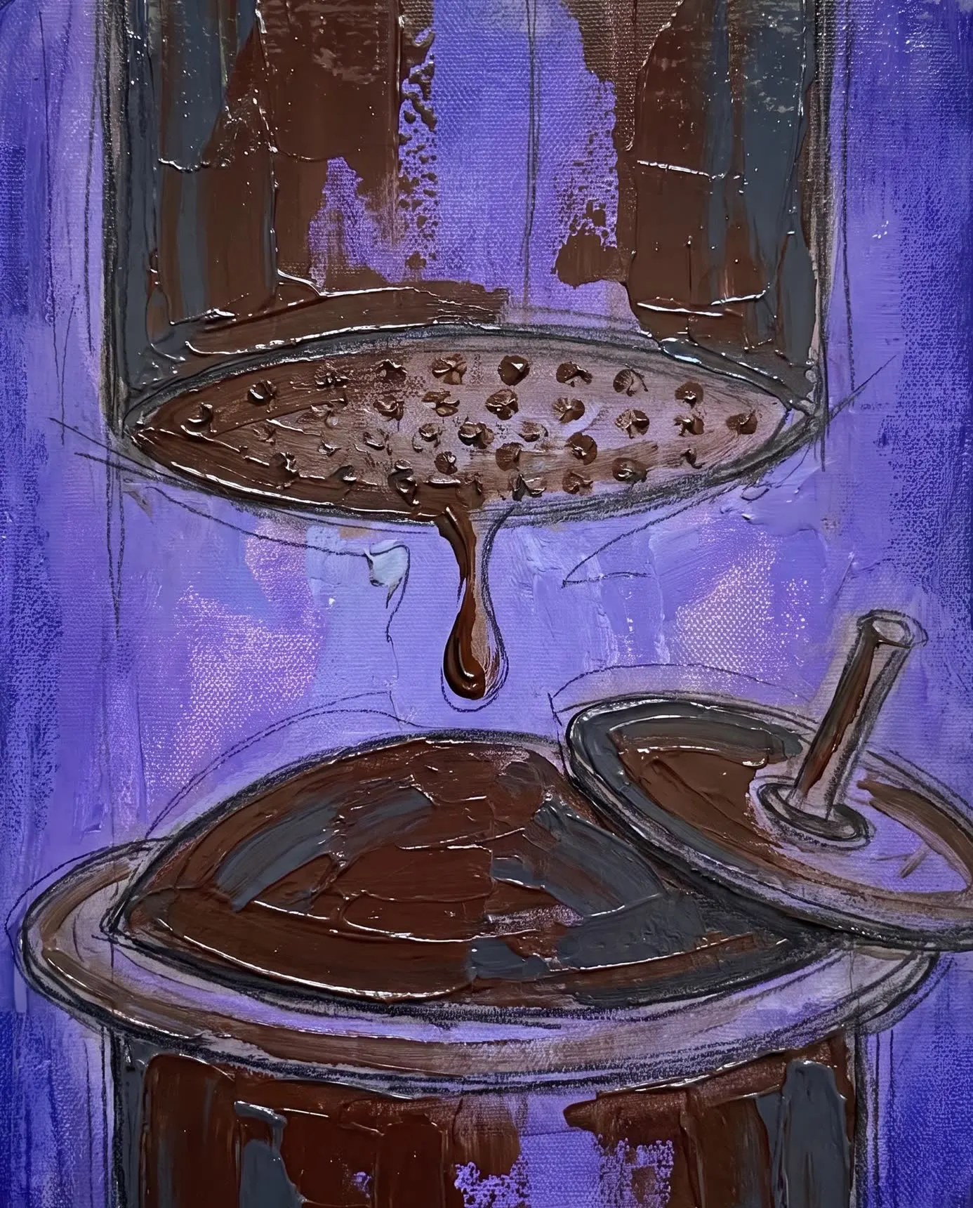 Dark coffee decoction dripping into the lower chamber